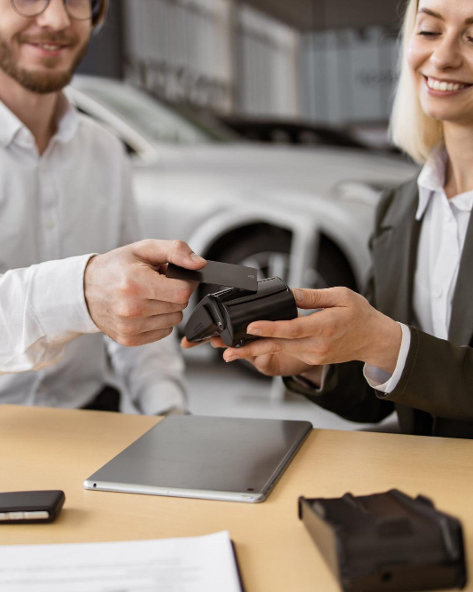 Photo de deux personnes entrain de finaliser l'achat d'un véhicule en concession.